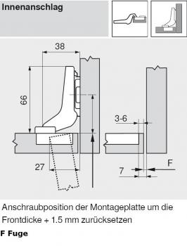 CLIP top Standardscharnier 100°, hochgekröpft, mit Feder, Topf: Schrauben